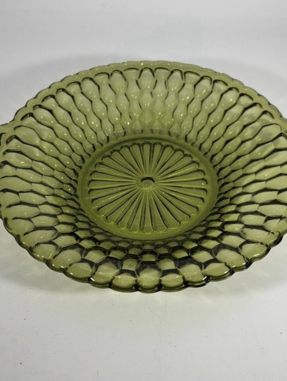 Vintage Green Glass Candy Bowl Dish with Double Handle Honeycomb Pattern